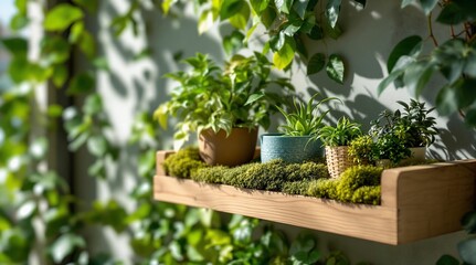 Poster - A wooden shelf attached to a wall, adorned with a variety of potted plants and moss. The plants vary in size and type, with some appearing succulents and others smaller ones. The shelf is made of a li