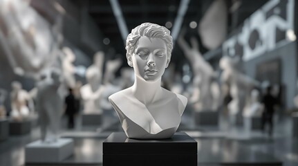 Poster - A white bust sculpture of a woman placed on a black stand in a museum setting. The background is blurred, emphasizing the bust, and features other sculptures in the background.