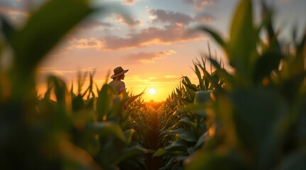 Poster - A woman in a hat standing amidst a field of corn, with the sun setting in the background, casting a warm, golden hue over the scene. The sky is painted with a mix of oranges, pinks, and purples, creat