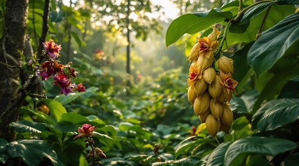Aufkleber - A vivid, sunlit scene of a lush, tropical forest, with a prominent cluster of yellow and red flowers hanging from a tree, surrounded by a variety of green leaves. The background is slightly blurred, e
