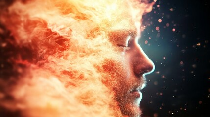 Wall Mural - Fiery transformation: A man's face merges with vibrant, swirling flames, creating a surreal and powerful image.