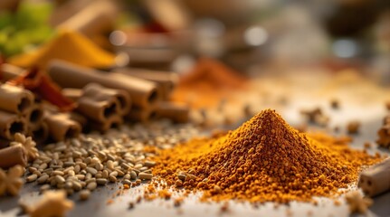 Aufkleber - A close-up shot of a wooden surface with a pile of spices, including cumin seeds and cinnamon sticks, with a blurred background. The spices are vibrant in color, and the texture of the spices is visib