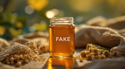 Aufkleber - A jar filled with a golden liquid, labeled 'FAKE', sitting atop a wooden surface. Surrounding the jar are grains and a jute cloth, with a blurred background suggesting a natural setting.
