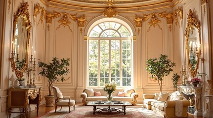 Poster - A lavish living room with a classical design, featuring a large arched window that allows natural light to flood in, illuminating the room adorned with golden accents. The room is furnished with plush
