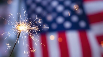 Aufkleber - A sparkler held in front of an American flag, with the stars and stripes of the flag blurred in the background.