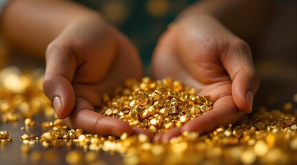 Poster - A person holding a handful of gold coins in their hands, with a blurred background. The gold coins gleam, reflecting light and adding a shimmering quality to the scene.