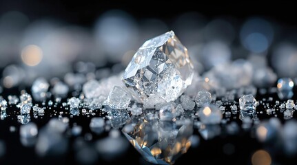 Fototapete - A close-up of a salt crystal surrounded by smaller salt granules, with a dark, blurred background highlighting the crystal's clarity and intricate structure.
