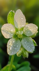 Poster - Close-up view of a delicate white flower with dew drops glistening in morning light