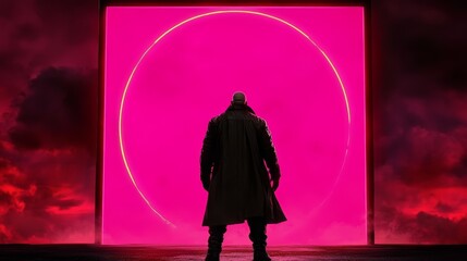 Wall Mural - silhouette of a bald man in a long coat standing before a vibrant pink portal with a glowing circle.