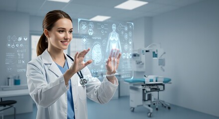 Poster - Woman doctor using futuristic holographic interface for patient diagnosis. Advanced medical technology in modern hospital. Digital health innovation concept.