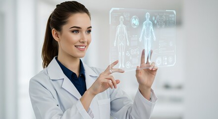 Poster - Woman doctor using futuristic holographic medical interface. Virtual human body scan technology. Advanced healthcare, digital diagnostics concept
