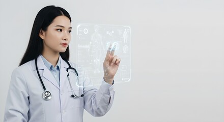 Poster - Asian woman doctor using futuristic holographic interface. Advanced medical technology concept. Digital healthcare innovation in hospital setting.