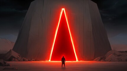 Wall Mural - a lone figure stands before a glowing red triangular portal set within a large, dark rock formation.