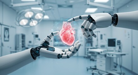 Poster - Future of medicine: Robotic arms holding digital human heart in high-tech operating room. AI-assisted surgery, cardiology innovation, medical technology advancement concept