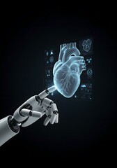 Poster - Robotic hand touching holographic heart scan. Futuristic medical technology in cardiology. AI-assisted diagnosis and treatment in healthcare of tomorrow