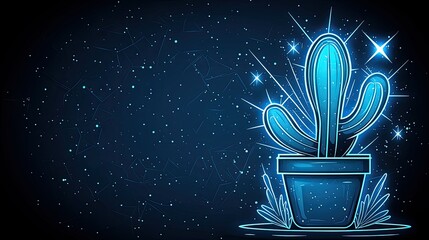 Poster - Glowing Neon Cactus In A Pot Against Dark Background