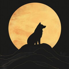 Aufkleber - Minimalist wolf silhouette against a full moon with space for text. Generative AI