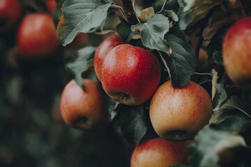 Canvas Print - Fresh red apples growing on branches in a lush orchard during a sunny afternoon