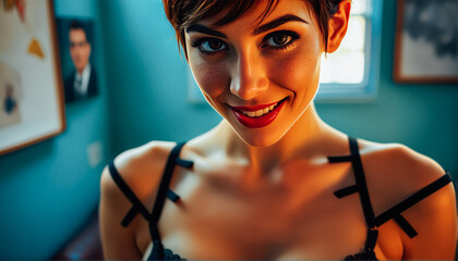 Wall Mural - Smiling young woman with short dark hair, expressive eyes, and a warm atmosphere in a stylish room