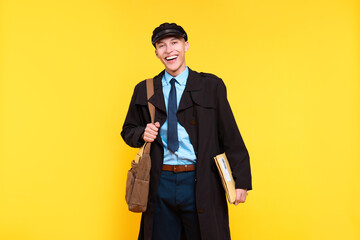 Poster - Happy postman with bag and envelopes on yellow background