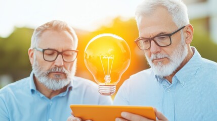 Poster - Two Mature Men Engaged in Creative Brainstorming with Tablet