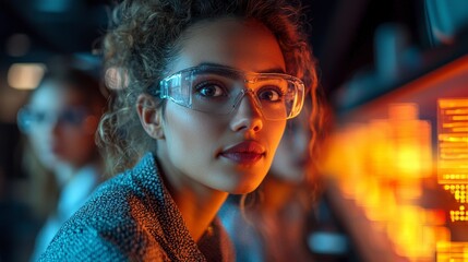 Poster - A determined woman wearing glasses analyzes data on a screen in a lab, showcasing the intersection of technology and scientific research in a modern workspace.