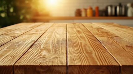 Poster - Sunlit Rustic Wooden Table in Modern Kitchen Setting with Bokeh