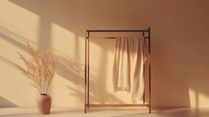 Poster - Minimalist clothing rack with neatly arranged garments in warm afternoon light. Generative AI