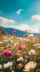 Wall Mural - Colorful wildflowers blooming in a sunny meadow during springtime