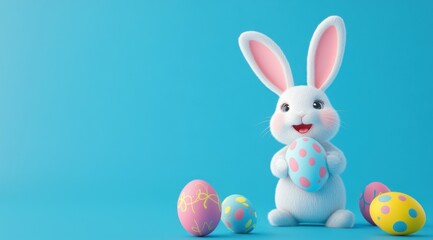 Aufkleber - Cute, smiling Easter bunny holding painted eggs, isolated on a blue background. 3D rendering.