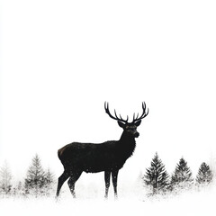Wall Mural - Silhouette of a majestic deer with antlers set against a stark winter forest landscape.