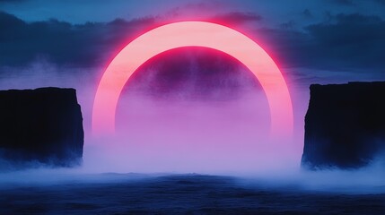 Sticker - Surreal landscape with a vibrant pink neon arch over a misty sea and dark cliffs. A mysterious and atmospheric scene.