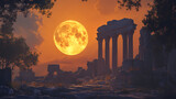Full moon rising behind ancient ruins at twilight. Lunar Ruins. Illustration