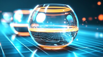 Canvas Print - Futuristic glass orb with glowing lines rests on a grid, creating a vibrant, technological scene.