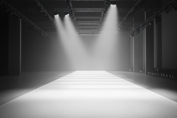 Fototapete - Monochromatic runway featuring clean lines and soft lighting in a minimalist design for fashion events or shows. Generative AI