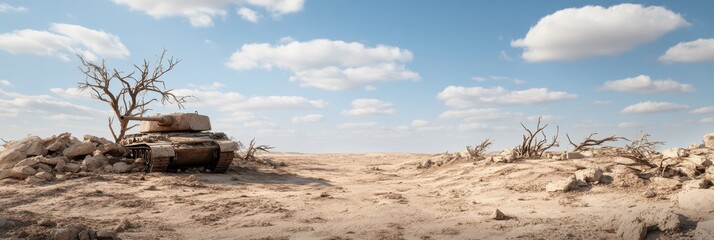 World war ii desert battlefield scene with abandoned tank