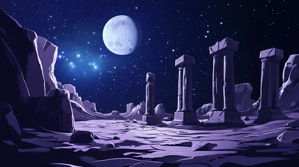 Wall Mural - Majestic moon landscape: night sky, starry galaxy, celestial scene, space exploration, cosmic beauty. Lunar Ruins. Illustration