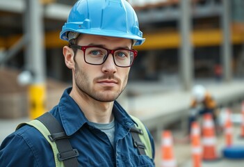 Wall Mural - Male constructor worker on a construction site