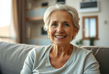 Wall Mural - Happy 65-year-old woman in a residential apartment building