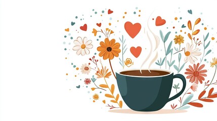 Poster -   A cup of coffee with steaming milk, surrounded by flowers, hearts, and hearts on a white background