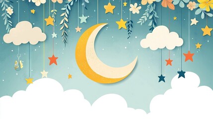 Poster -   Blue background with paper cut of crescent and stars