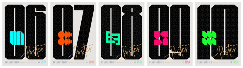Poster - Posters with silhouette brutal shapes and black sport numbers, abstract geometric composition graphic in postmodern aesthetics, Vector retro futuristic graphic artwork A4 format set 2