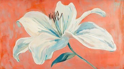 Poster -   A painting of a white flower on a pink background with a green stem in the center is a blue and white flower at the center of the painting