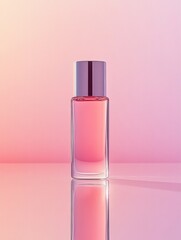 Leinwandbilder - Sleek cosmetic bottle displayed on a reflective surface against a pastel toned background with space for text. Generative AI