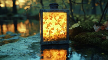 Poster - Illuminated lantern with floral design sits on mossy rocks near a tranquil stream at dusk. Warm, enchanting scene.