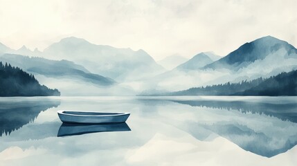Poster - Serene watercolor illustration of a single rowboat floating on a tranquil mountain lake surrounded by misty peaks. Generative AI