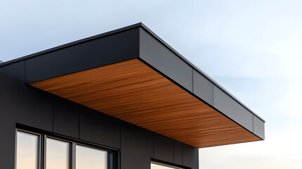 Aufkleber - Modern building exterior showcasing a wood paneled overhang framed by sleek dark metal, set against a soft, light sky. Minimalist design with warm accents.