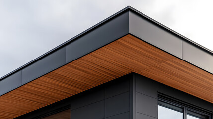 Architectural facade with black panels and warm wood accents against a neutral sky. A modern and sleek building design detail.