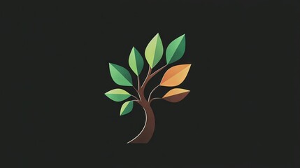 Wall Mural -   A black background with an orange and green tree on it, casts a shadow to its left