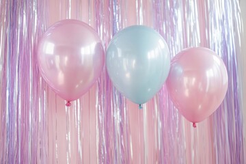 Poster - Festive celebration backdrop with balloons and shimmering tinsel for joyful events. Generative AI